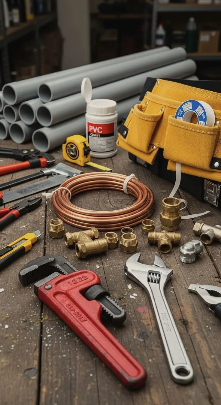 Plumbing tools, copper pipe and fittings on a workbench